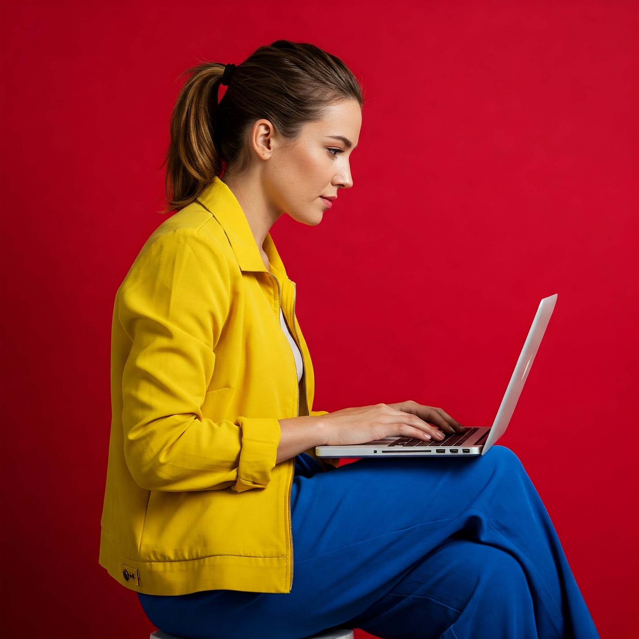 photo of Focused Woman Working on Laptop Against Green Screen